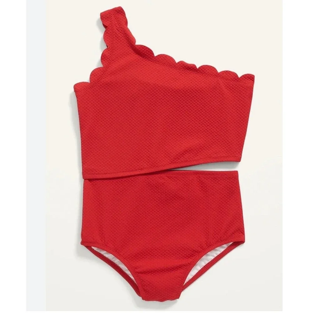 GIRLS RED SWIMSUIT One Piece Shoulder Scalloped 8 Bright Old Navy Gap Cutout
